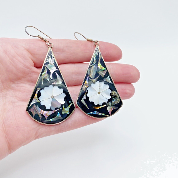 Vintage Alpaca Mexico Silver Abalone Mother of Pearl Large Dangle Earrings 3" - Picture 6 of 7